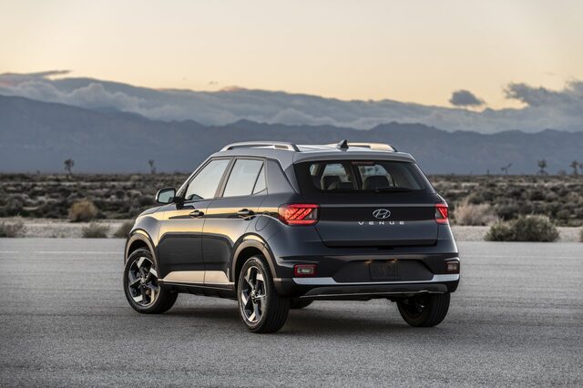 2020 Hyundai Venue SEL rear three-quarter view [sunset golden hour]