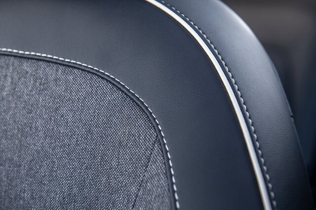 2020 Hyundai Venue SEL seat upholstery detail [blue leather and fabric]
