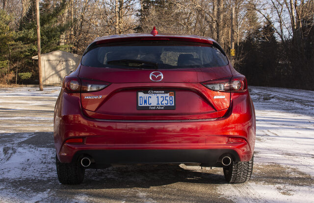 2018 Mazda3 Grand Touring Hatchback Straight Rear View with Mazda3 Badge