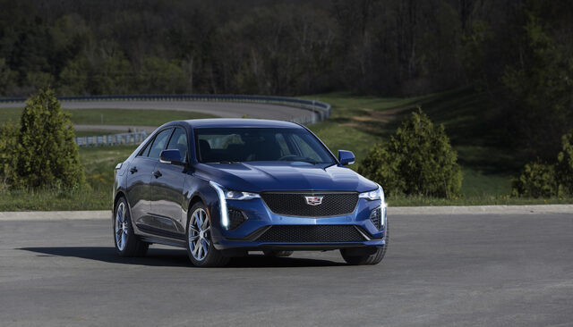 2020 Cadillac CT4-V front three-quarter view on track