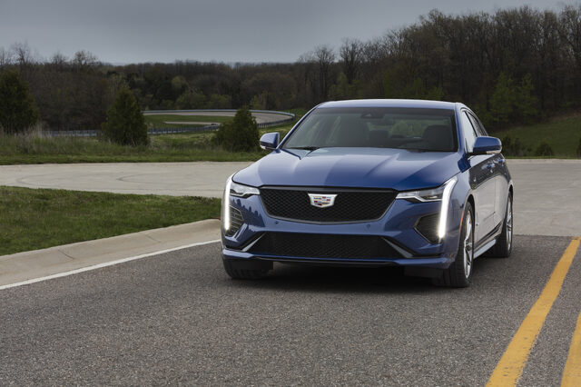 2020 Cadillac CT4-V front three-quarter view on road