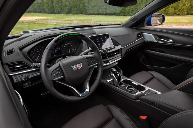 2020 Cadillac CT4-V driver cockpit with steering wheel and instrument cluster