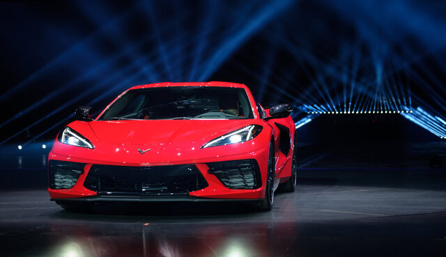 2020 Chevrolet Corvette Stingray C8 Front View Reveal Stage Torch Red