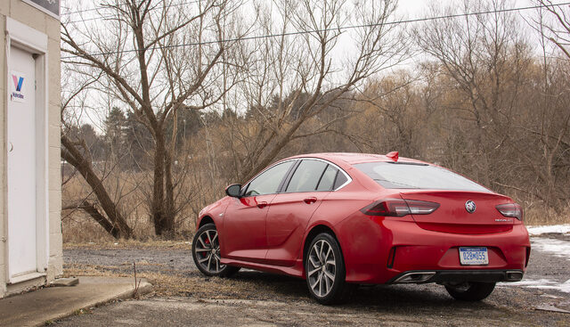 2019 Buick Regal GS rear three-quarter view, red Sportback