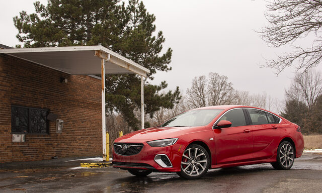 2019 Buick Regal GS front three-quarter view, red Sportback