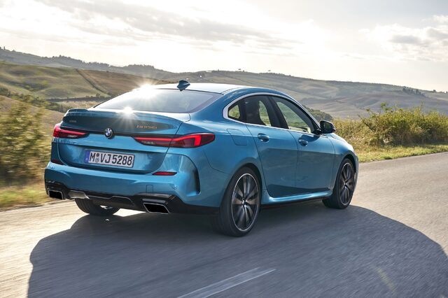 2020 BMW M235i xDrive Gran Coupe directly from behind on open road