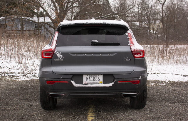 2019 Volvo XC40 R-Design rear view in snow