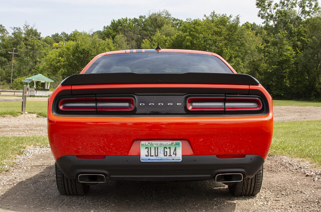 2019 Dodge Challenger R/T Shaker side profile against tree line
