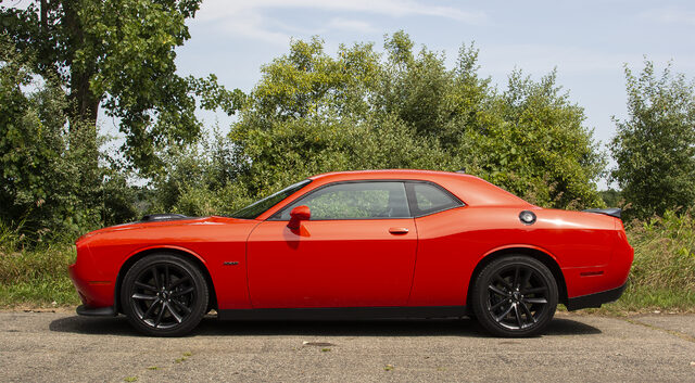 2019 Dodge Challenger R/T Shaker straight-on front view with hood stripes