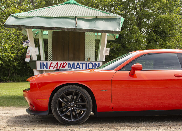 2019 Dodge Challenger R/T Shaker rear three-quarter view outside barn