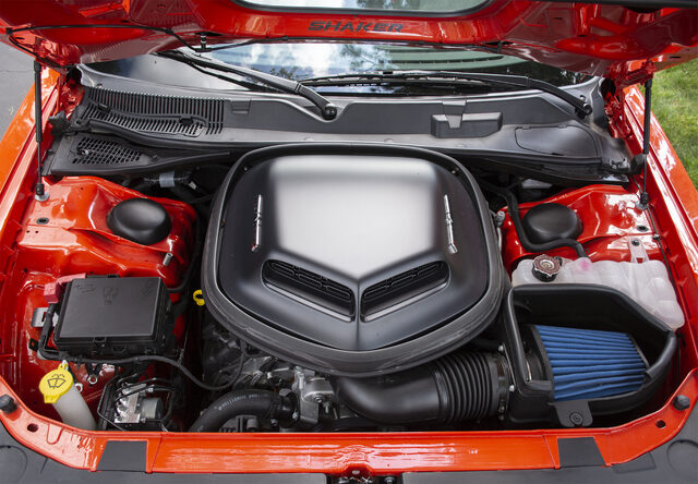 2019 Dodge Challenger R/T Shaker hood scoop viewed from driver's seat