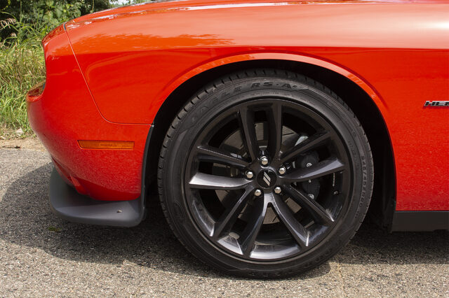 2019 Dodge Challenger R/T Shaker hood scoop with Shaker badge close-up