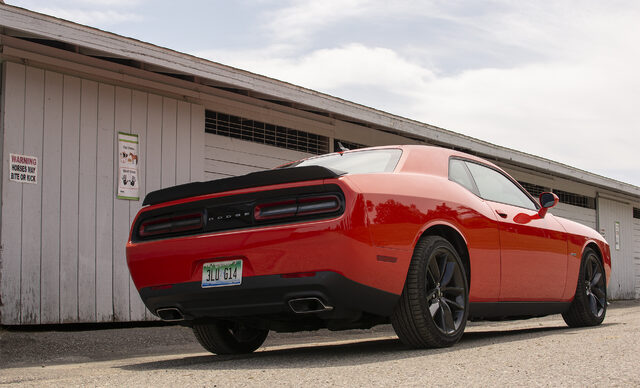 2019 Dodge Challenger R/T Shaker front three-quarter view with headlights on