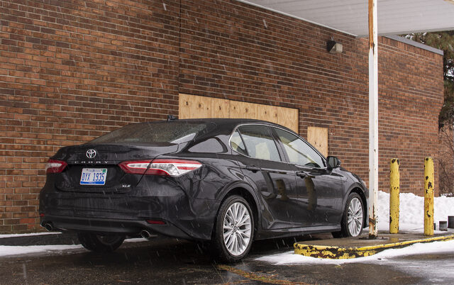 2020 Toyota Camry XLE V6 rear three-quarter view