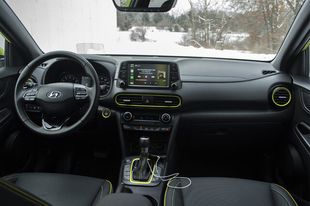 2020 Hyundai Kona Ultimate AWD — Interior Dashboard and Infotainment, Acid Yellow Accents