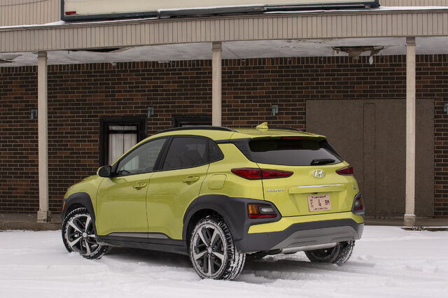 2020 Hyundai Kona Ultimate AWD — Rear 3/4 View, Acid Yellow, Winter Setting