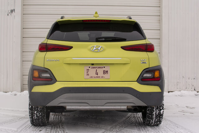 2020 Hyundai Kona Ultimate AWD — Straight Rear View, Acid Yellow, Winter