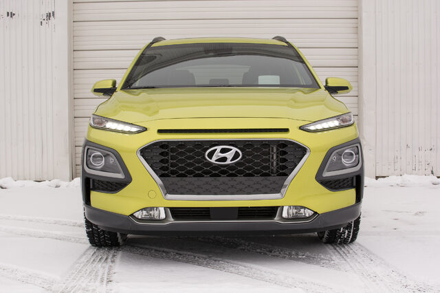 2020 Hyundai Kona Ultimate AWD — Straight Front View, Acid Yellow, Headlights On