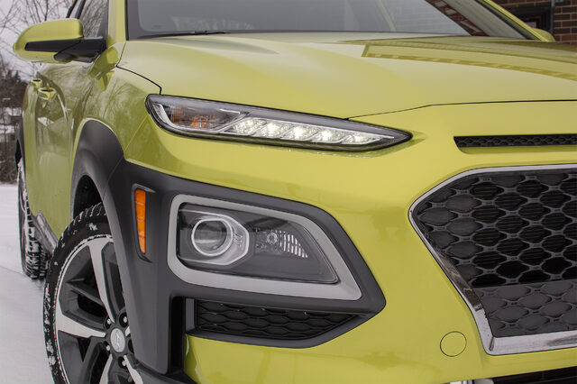 2020 Hyundai Kona Ultimate AWD — Front Headlight and Grille Detail, Acid Yellow