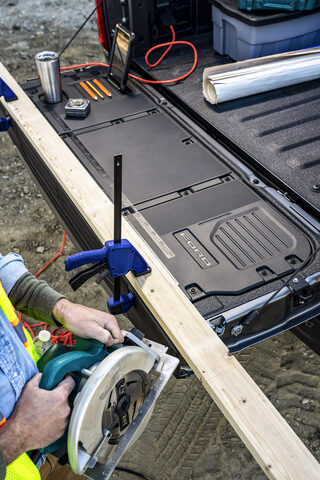 2021 Ford F-150 Sport truck bed job site workstation overhead view