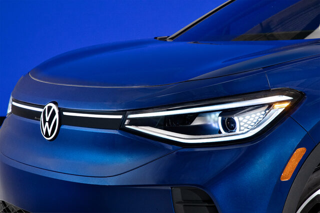 2021 Volkswagen ID.4 front quarter panel with VW badge and LED headlight