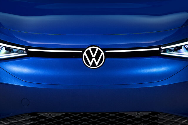 2021 Volkswagen ID.4 front hood closeup with VW badge and LED strip