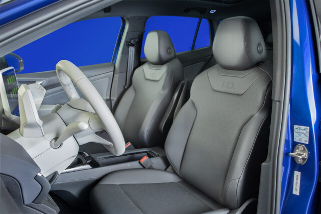 2021 Volkswagen ID.4 interior front cabin with steering wheel and seats