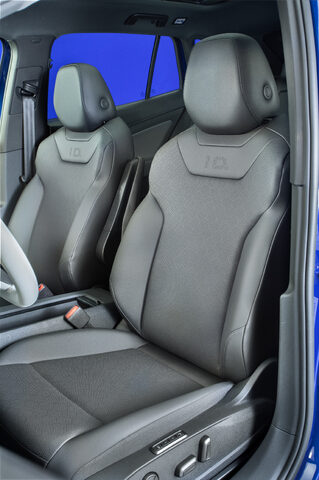 2021 Volkswagen ID.4 front seat interior with ID logo embossing
