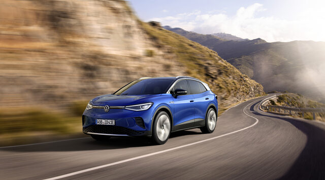 2021 Volkswagen ID.4 three-quarter front view on winding mountain road