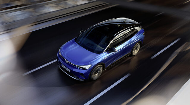 2021 Volkswagen ID.4 elevated view in motion on city street
