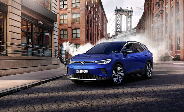 2021 Volkswagen ID.4 on cobblestone street in urban setting
