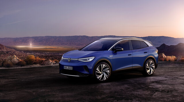 2021 Volkswagen ID.4 parked at sunset with desert landscape