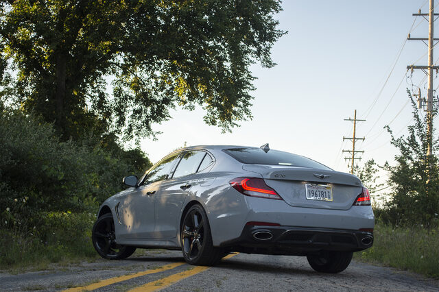 2020 Genesis G70 3.3T Sport Rear Three-Quarter at Dusk