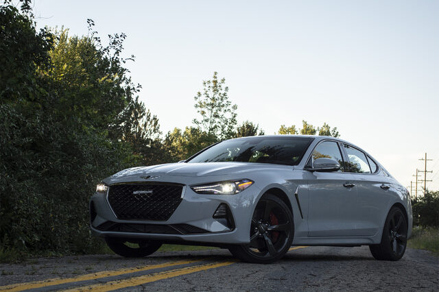 2020 Genesis G70 3.3T Sport Front Three-Quarter at Dusk