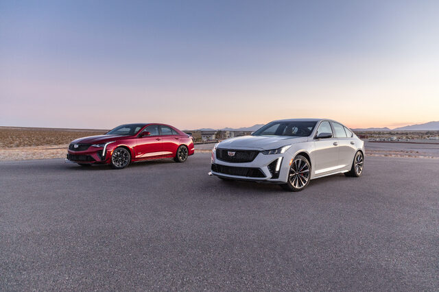 2022 Cadillac CT4-V Blackwing and CT5-V Blackwing, twin debut at sunset