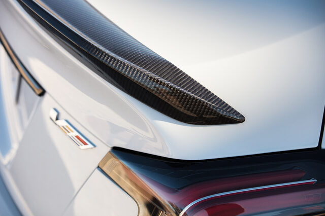 2022 Cadillac CT5-V Blackwing, carbon fiber rear spoiler and V-Series badge closeup