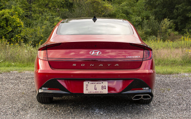 2020 Hyundai Sonata Limited 1.6T rear view showing Sonata badge and dual exhaust