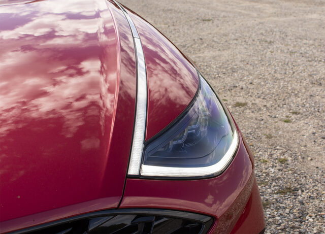 2020 Hyundai Sonata Limited 1.6T LED headlight and hood crease detail closeup
