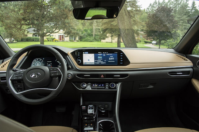 2020 Hyundai Sonata Limited 1.6T interior dashboard with dual-screen layout and tan leather