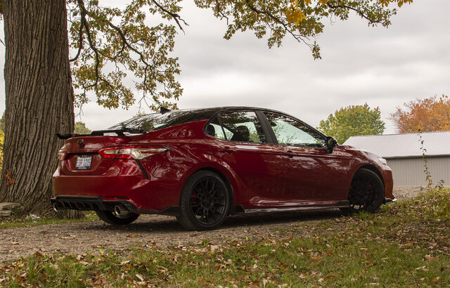 2020 Toyota Camry TRD Rear Three-Quarter Overcast Rural Setting