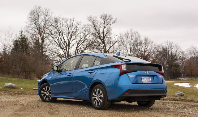2020 Toyota Prius XLE AWD-e Blue Rear Three-Quarter View