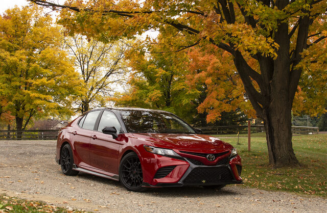 2020 Toyota Camry TRD Front Three-Quarter Fall Foliage