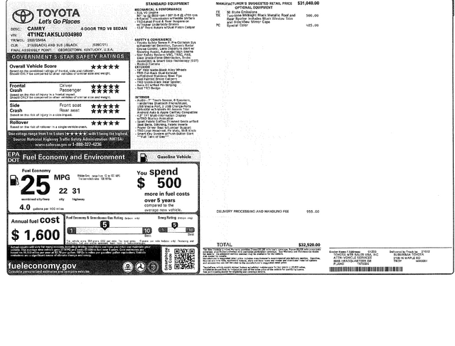 2020 Toyota Camry TRD Monroney Window Sticker MSRP $32,928