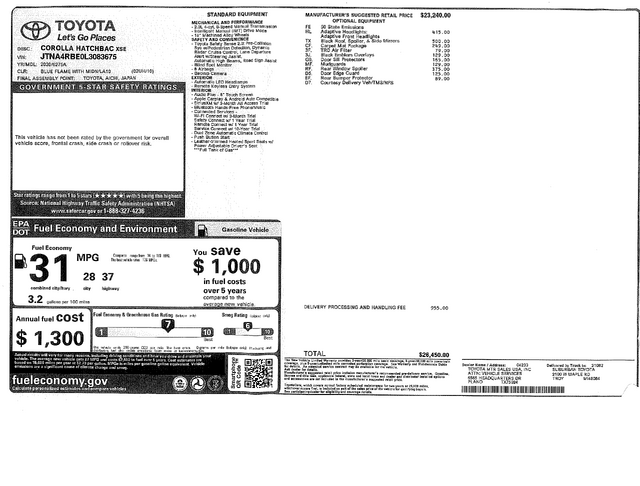 2020 Toyota Corolla Hatchback XSE Window Sticker