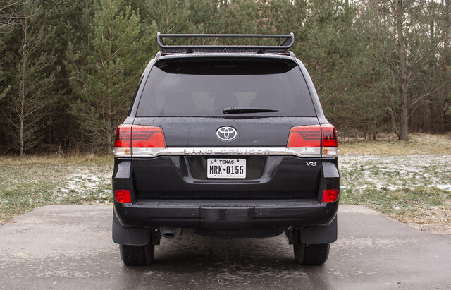 2020 Toyota Land Cruiser Heritage Edition rear view V8 badge snow