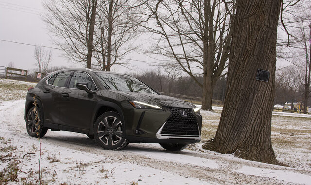 2020 Lexus UX 250h front three-quarter view in snow