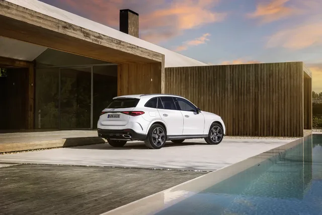 2023 Mercedes-Benz GLC 300 rear three-quarter view at poolside