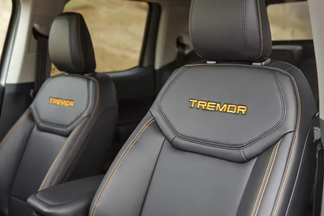 2023 Ford Maverick Tremor front seats with orange Tremor embroidery