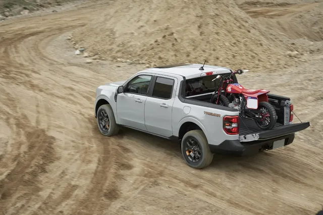2023 Ford Maverick Tremor aerial view with dirt bike in bed