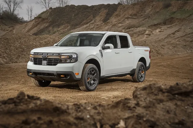 2023 Ford Maverick Tremor front three-quarter parked on terrain